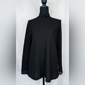 Womens LOGO Lori Goldstein Size XS Metallic Waffle Knit Lace Mock Neck Sweater